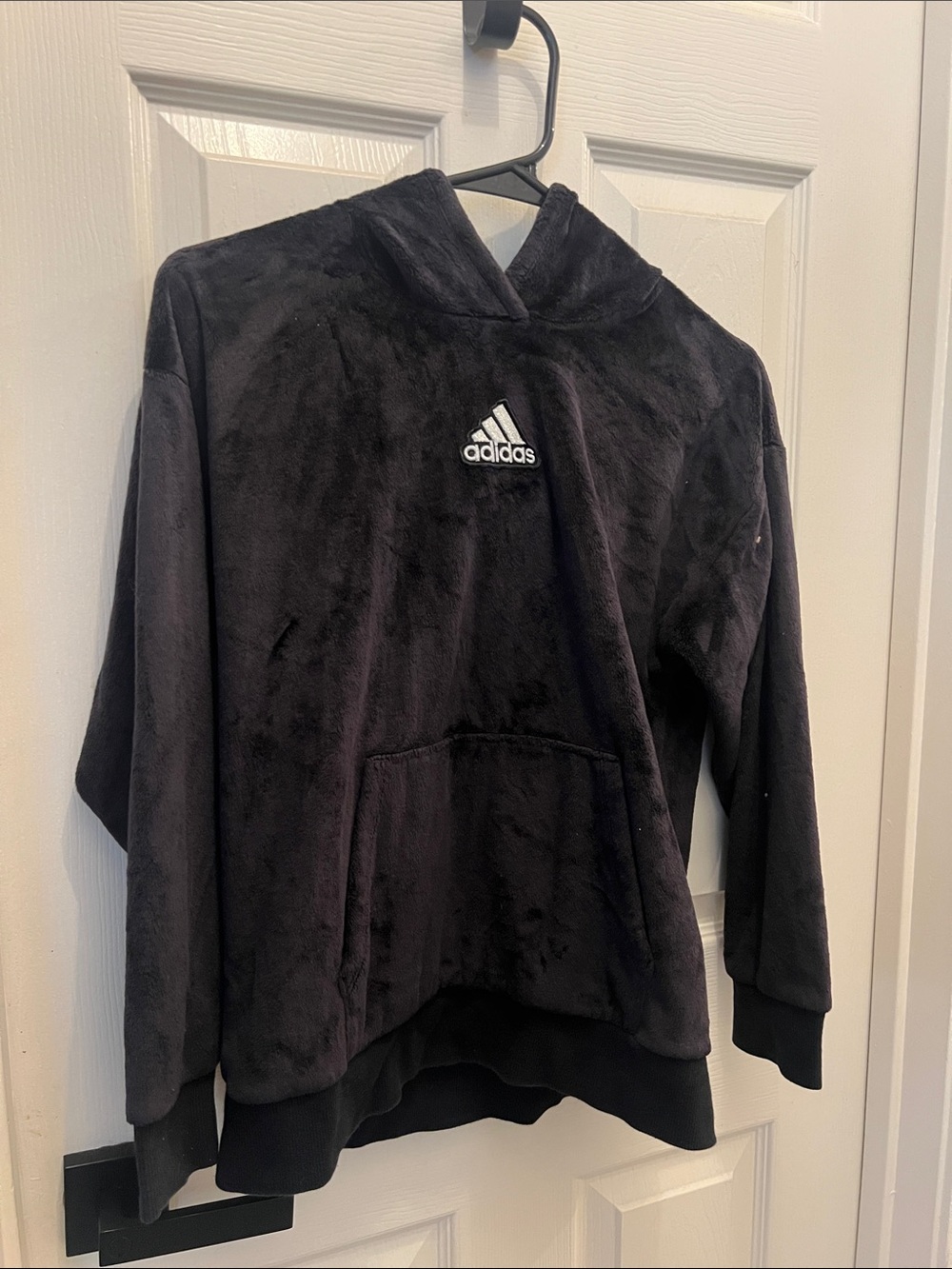 adidas Kids Black Plush Pullover Hoodie with Logo